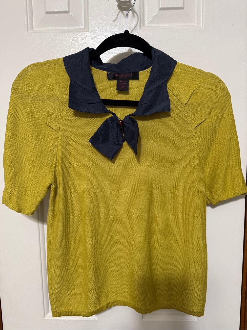 Womenβs Short Sleeve Knit Top with Contrast Tie Collar - Chartreuse & Navy